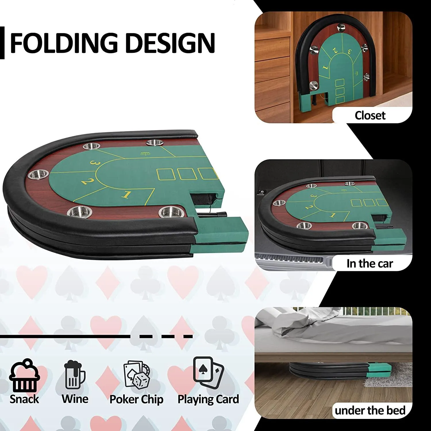 10 Player Oval Folding Poker Table Texas Holdem Poker Table with Stainless Steel Cup Holders, Green