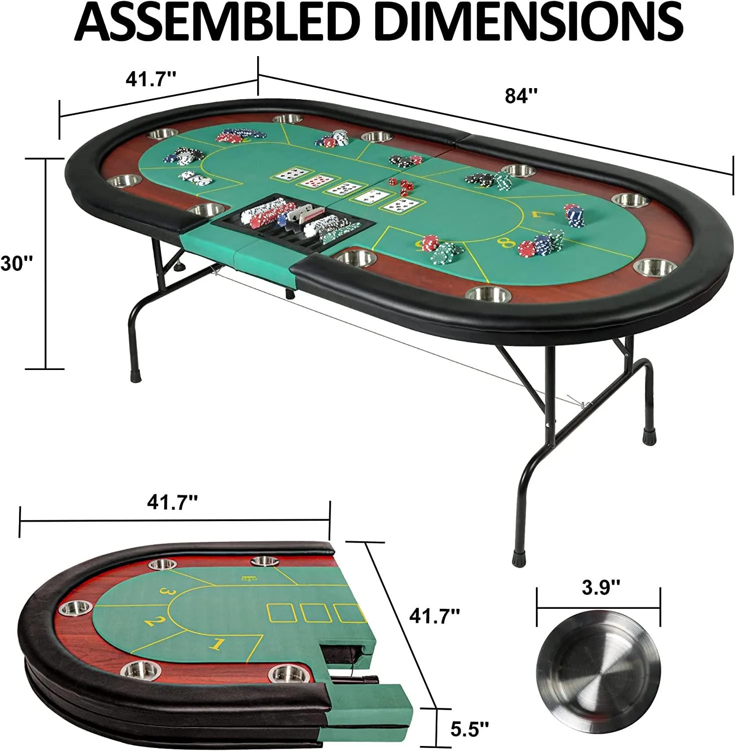 10 Player Oval Folding Poker Table Texas Holdem Poker Table with Stainless Steel Cup Holders, Green