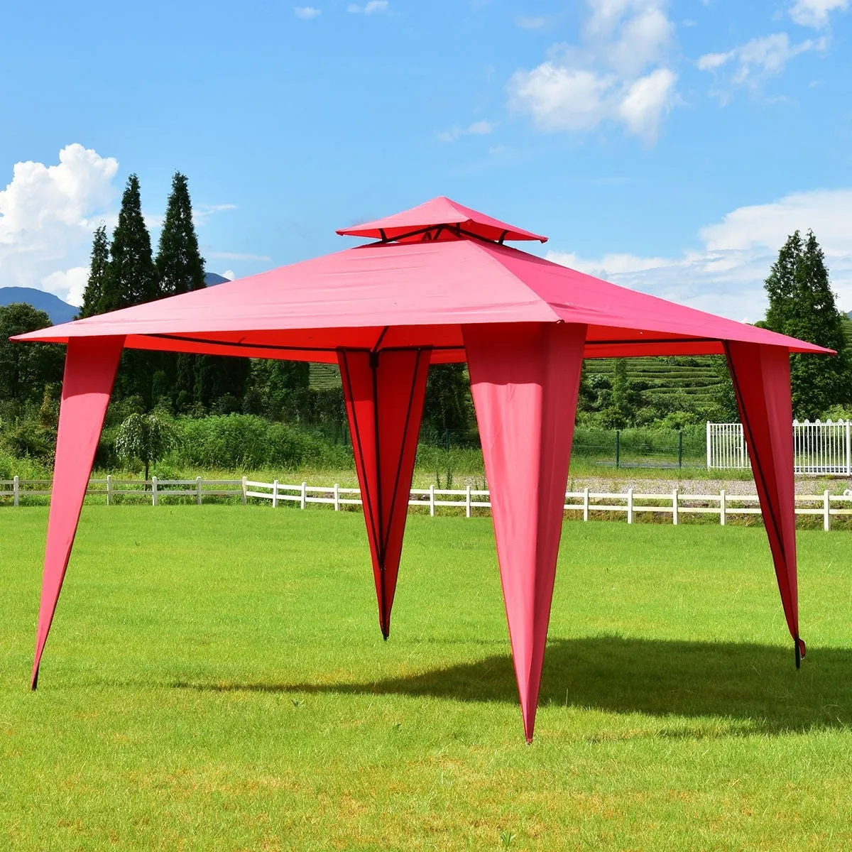 11 x 11 Ft Outdoor Patio Gazebo with Red Polyester Vented Canopy