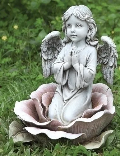 11"H Angel Kneeling in Rose Garden Statue