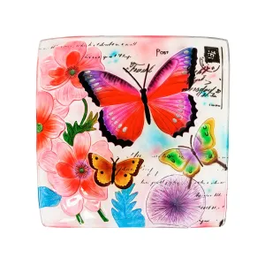 16.5" Hand Painted Embossed Square Glass Bird Bath, Butterfly Prints,2gb851