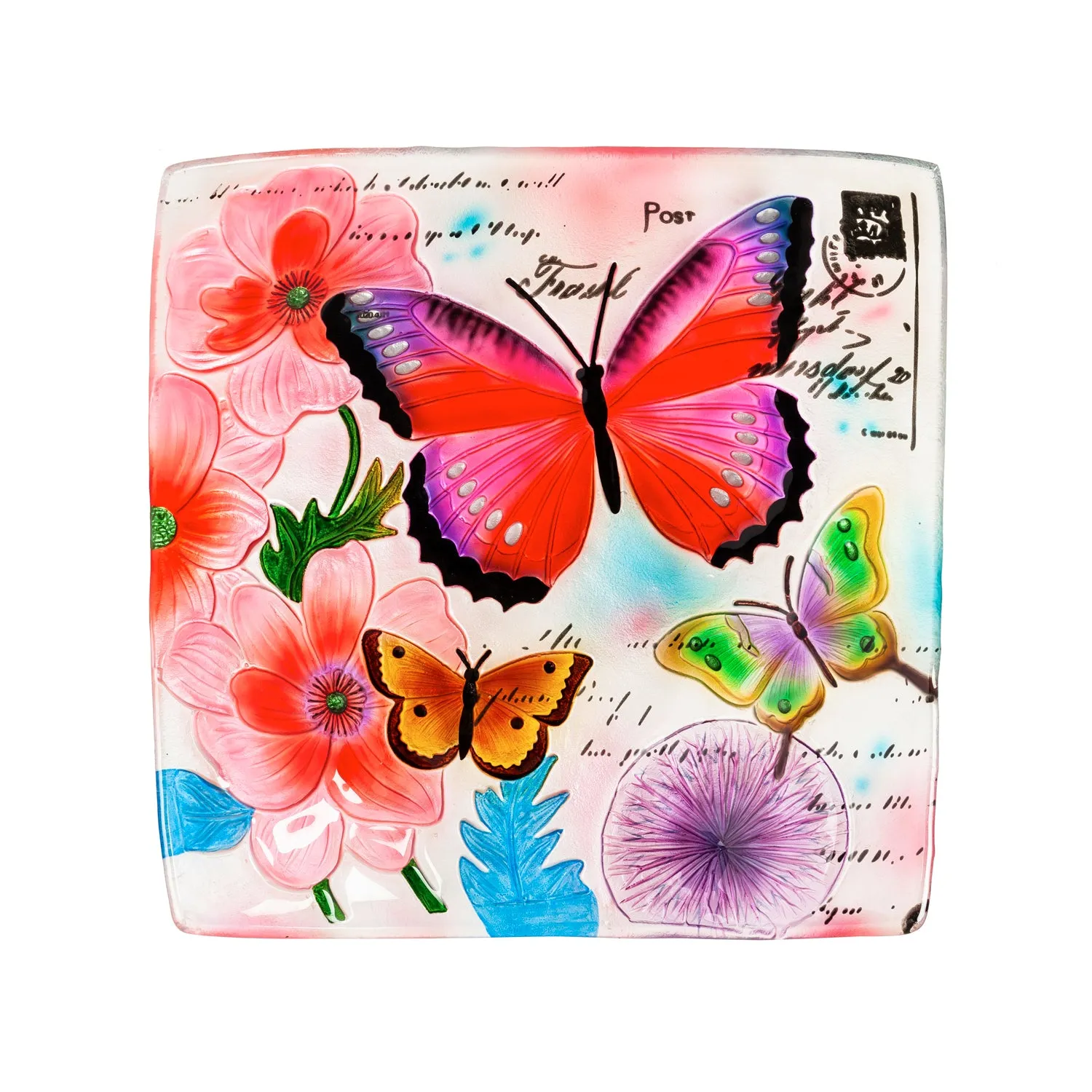 16.5" Hand Painted Embossed Square Glass Bird Bath, Butterfly Prints,2gb851