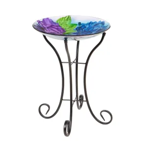 16" Glass Bird Bath w/Stand, Blooming Hydrangea,2gb1167