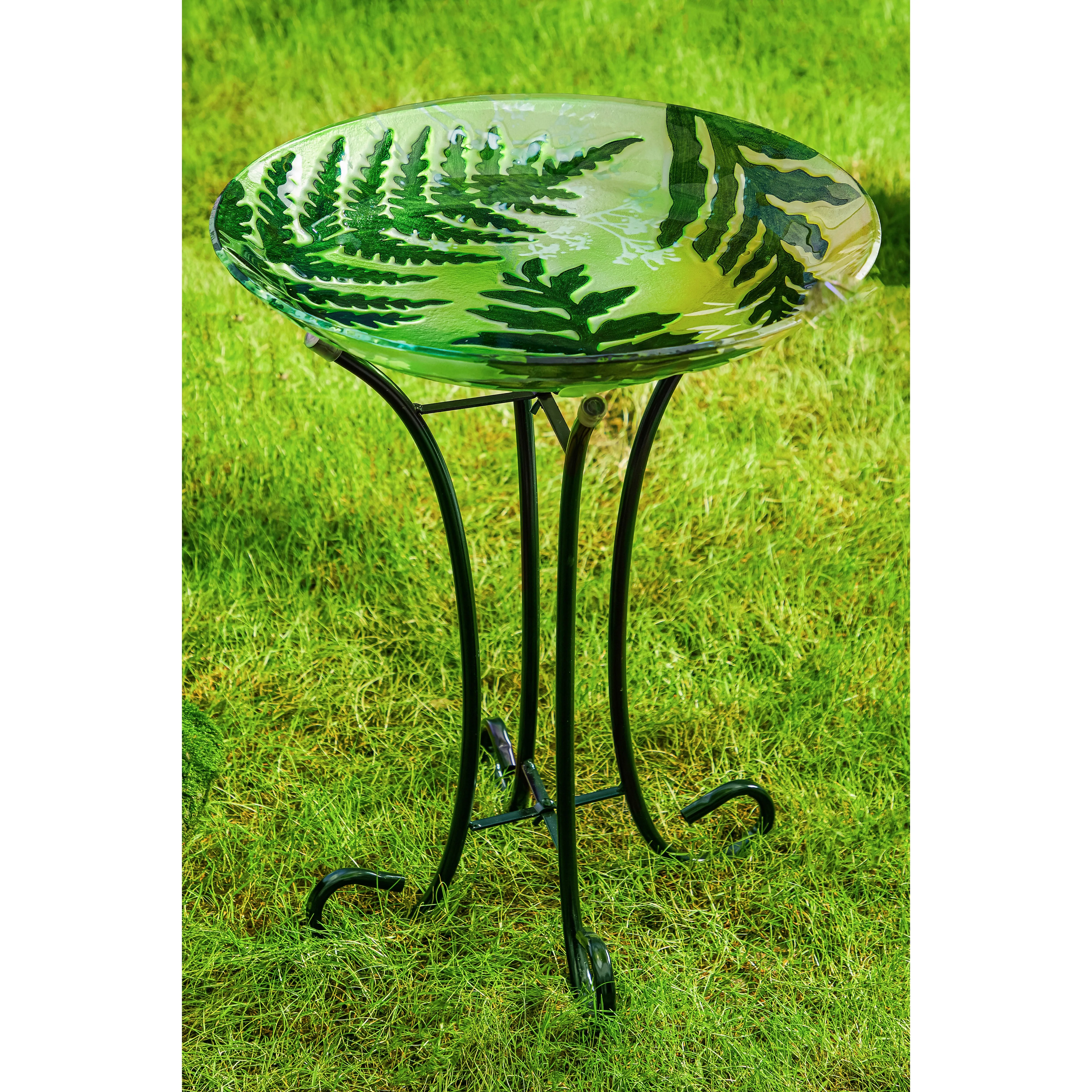 18" Hand Painted and Embossed Glass Bird Bath, Delicate Greenery,2gb7061