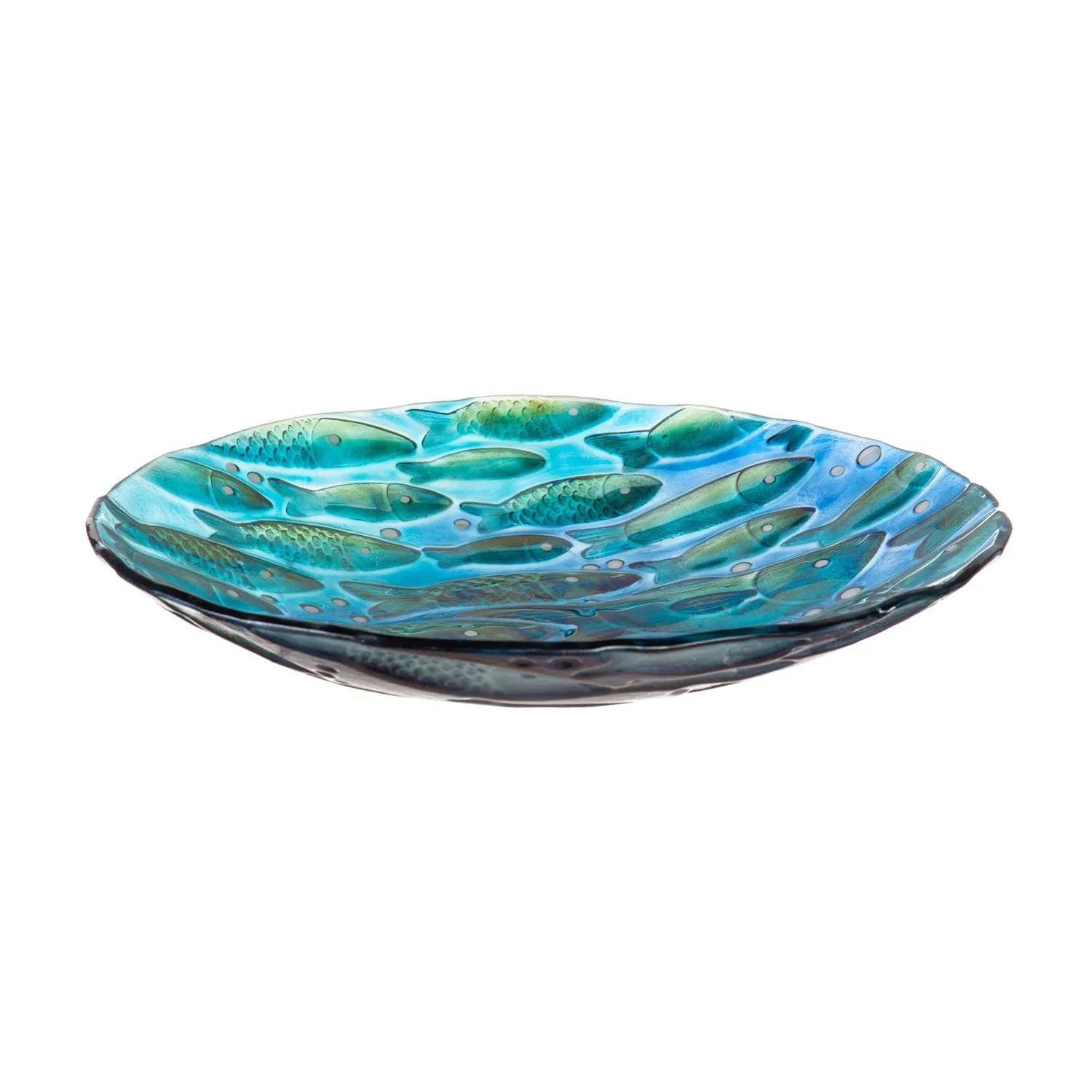 18" Hand Painted Embossed Glass Bird Bath, Metallic Fish,2gb1205