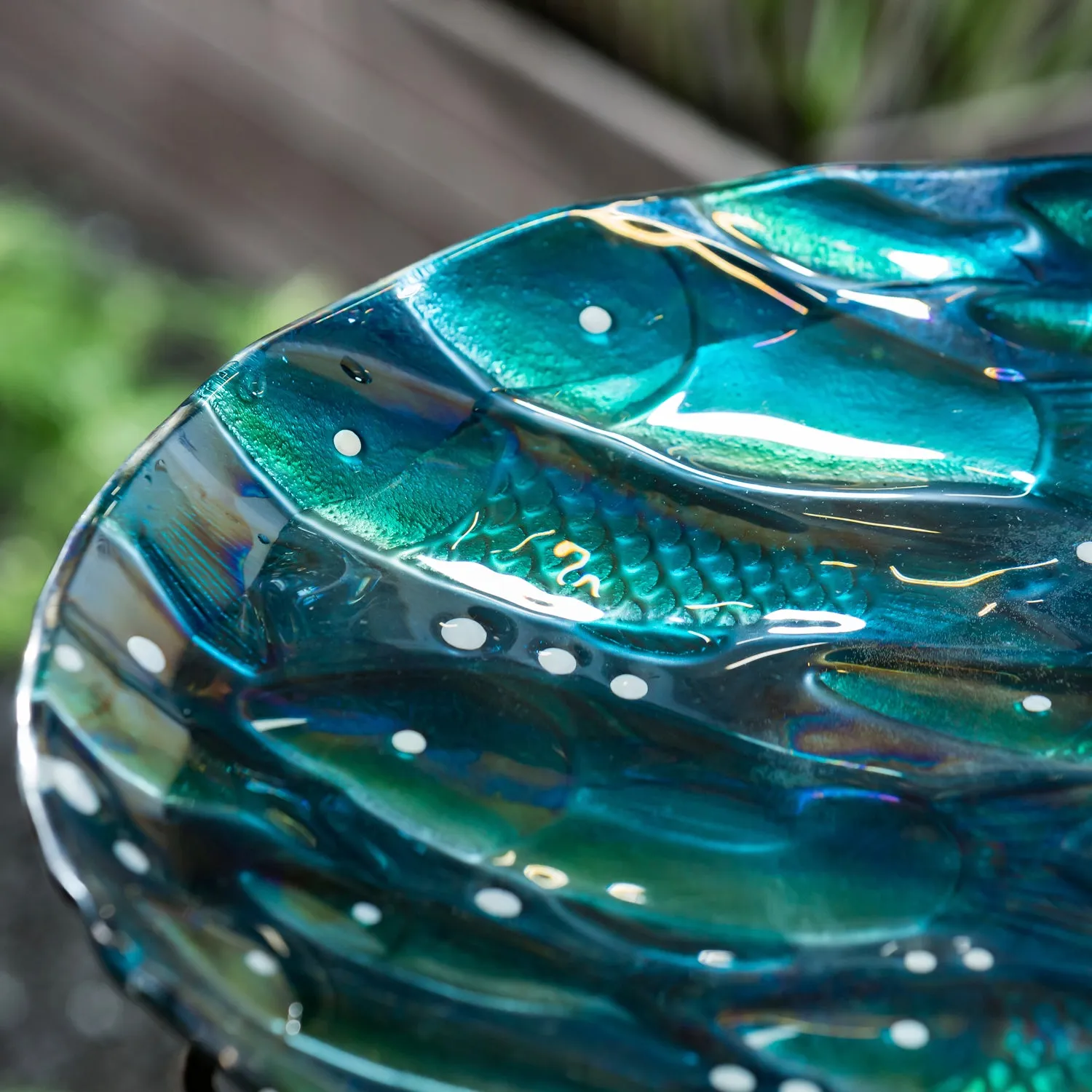 18" Hand Painted Embossed Glass Bird Bath, Metallic Fish,2gb1205
