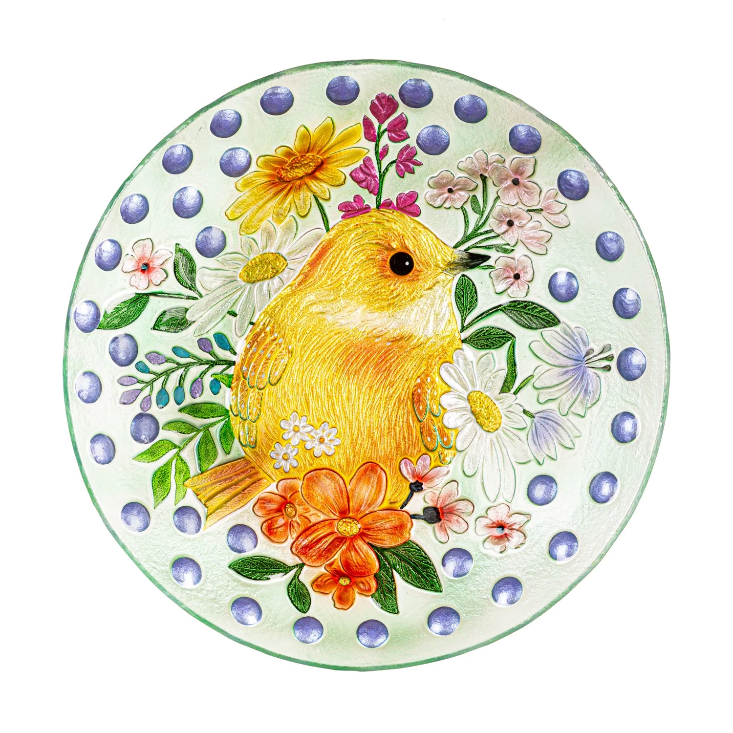 18" Yellow Bird and Polka Dots Glass Bird Bath,2gb7188