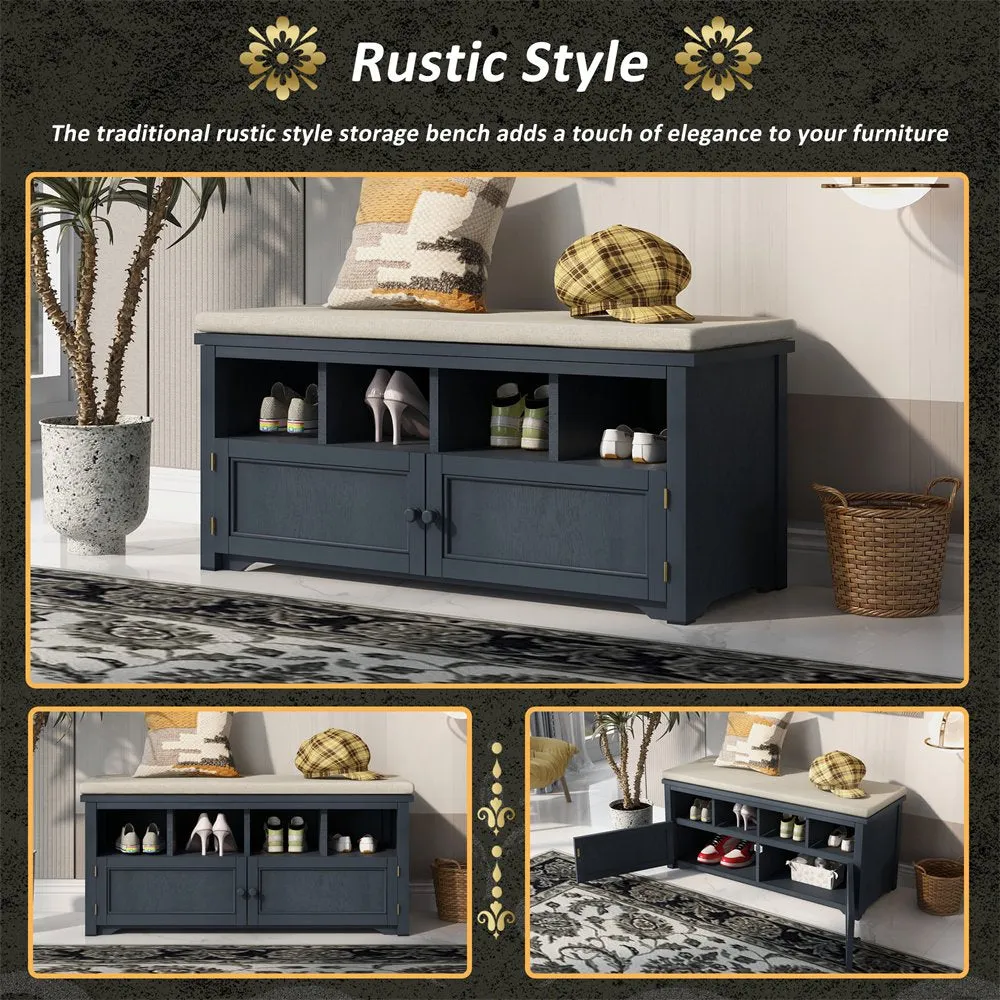 3-Tier Two-Door Shoe Storage Bench, Shoe Rack with Linen Upholstered Top Cushion, Pine Wood Frame, Large Space Cabinets for Entryway Hallway, Antique Navy