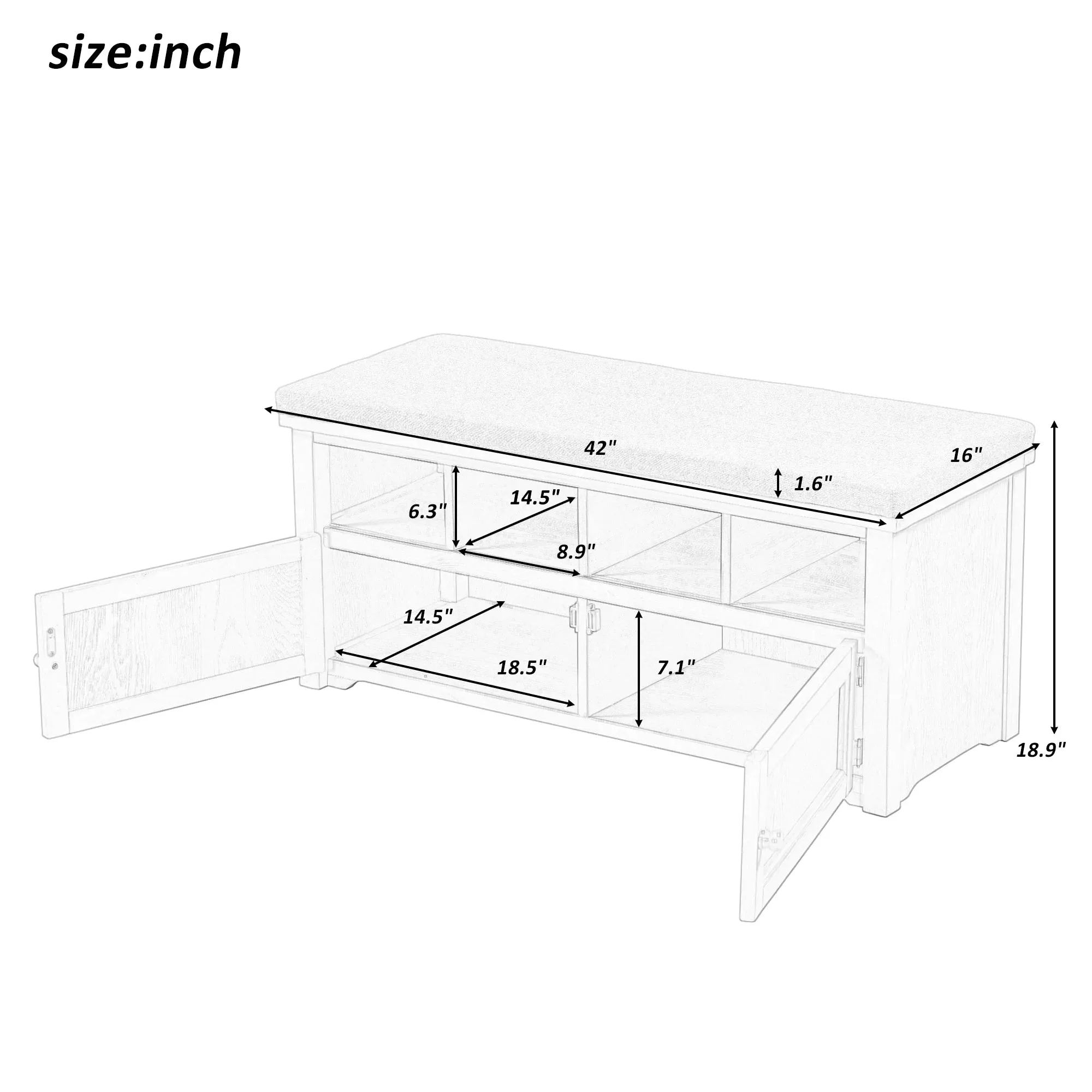 3-Tier Two-Door Shoe Storage Bench, Shoe Rack with Linen Upholstered Top Cushion, Pine Wood Frame, Large Space Cabinets for Entryway Hallway, Antique Navy