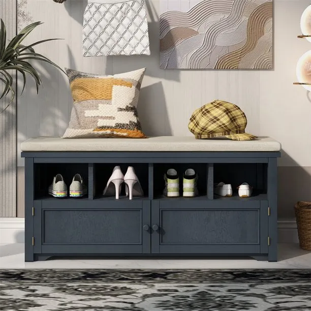 3-Tier Two-Door Shoe Storage Bench, Shoe Rack with Linen Upholstered Top Cushion, Pine Wood Frame, Large Space Cabinets for Entryway Hallway, Antique Navy
