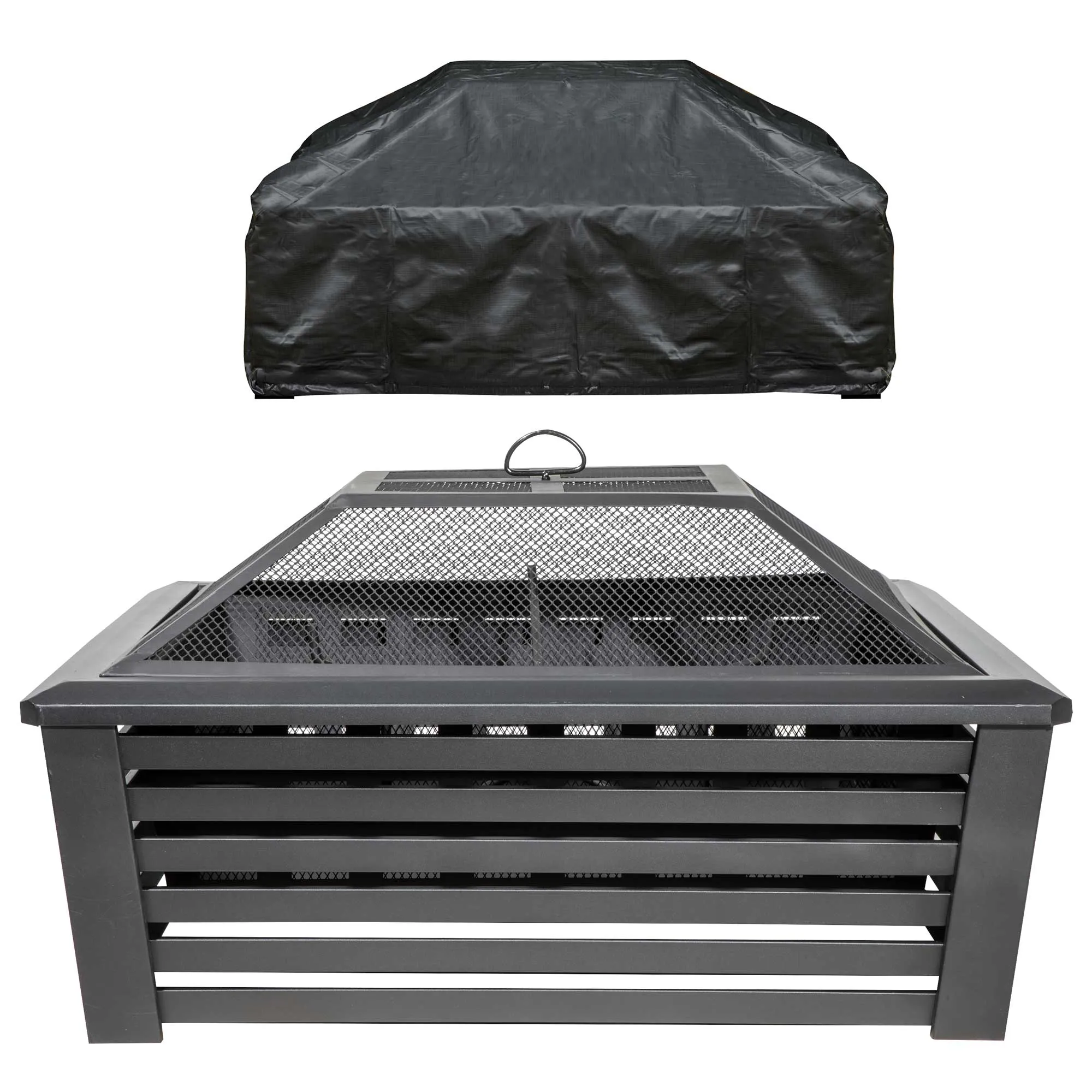 35" Square Outdoor Fire Pit, Mesh Screen Lid, Black with Water Resistant Drawstring Cover - DG238