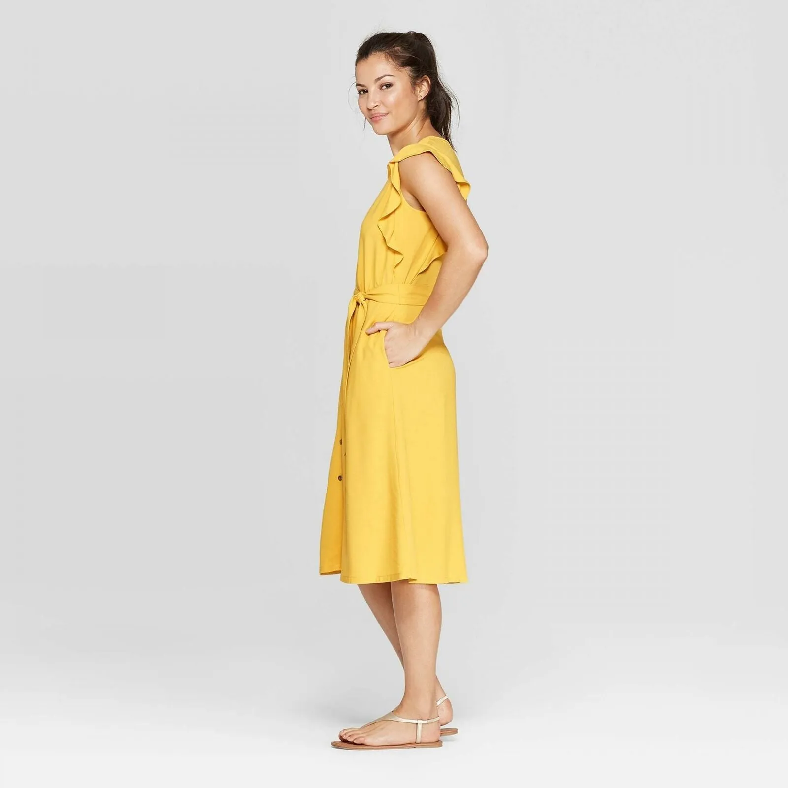 A New Day Women's Ruffle Short Sleeve V-Neck Button Front Midi Dress