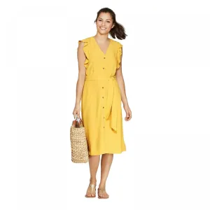 A New Day Women's Ruffle Short Sleeve V-Neck Button Front Midi Dress