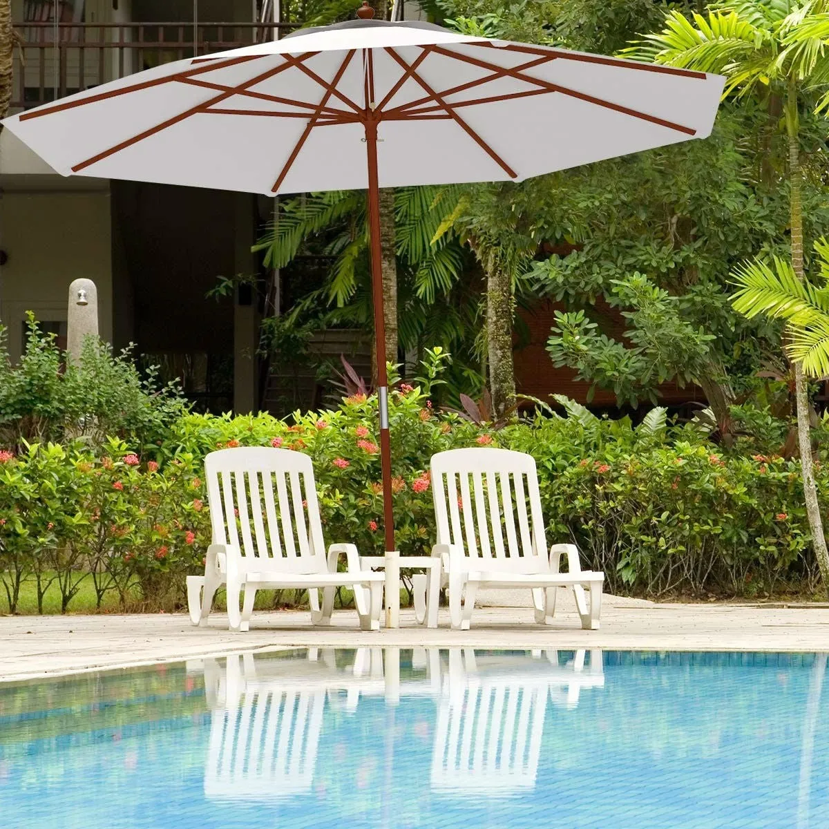 Beige 10-ft Outdoor Patio Umbrella with Wooden Pole