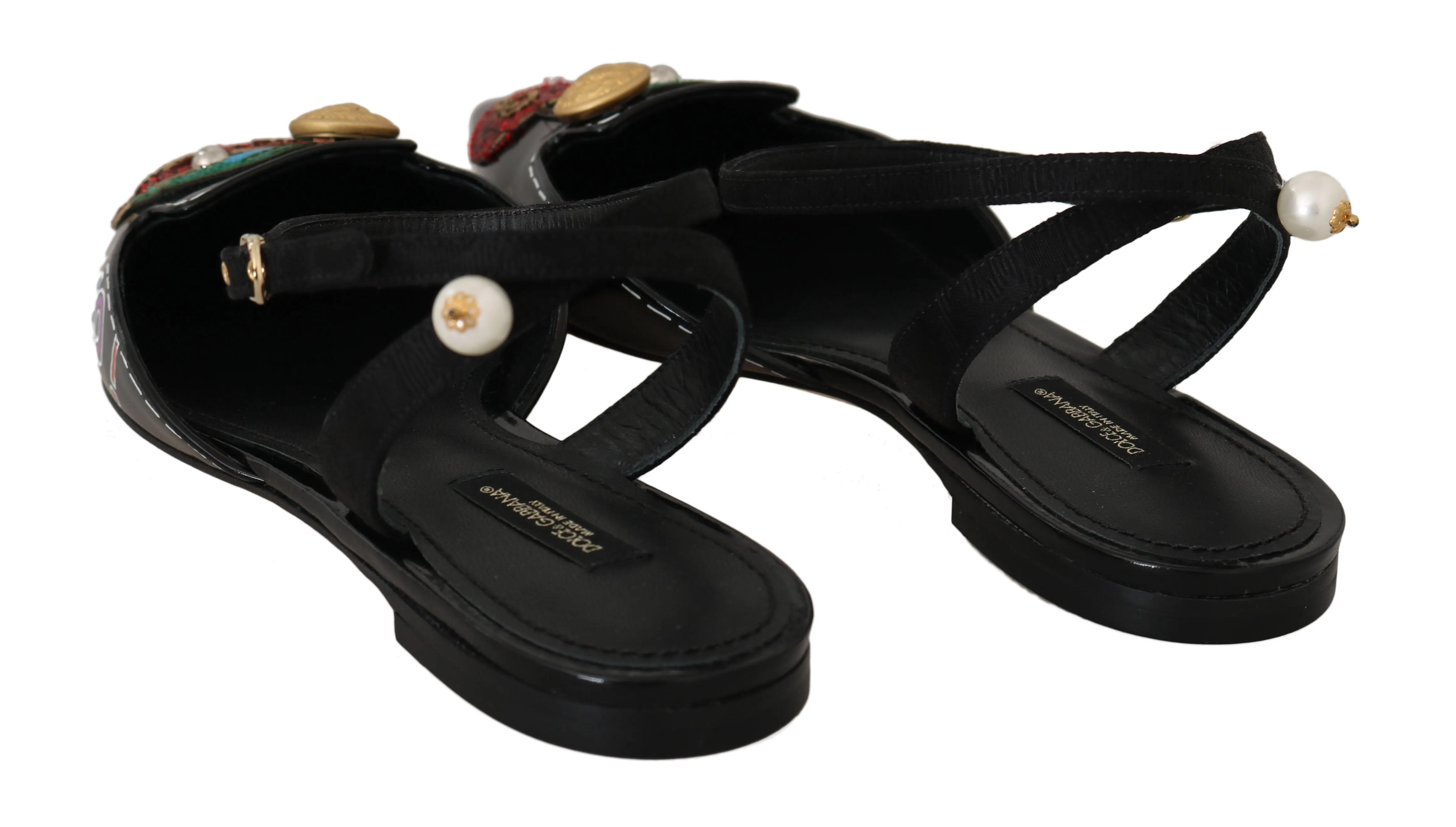 Black Leather Brocade DG Logo Sandals