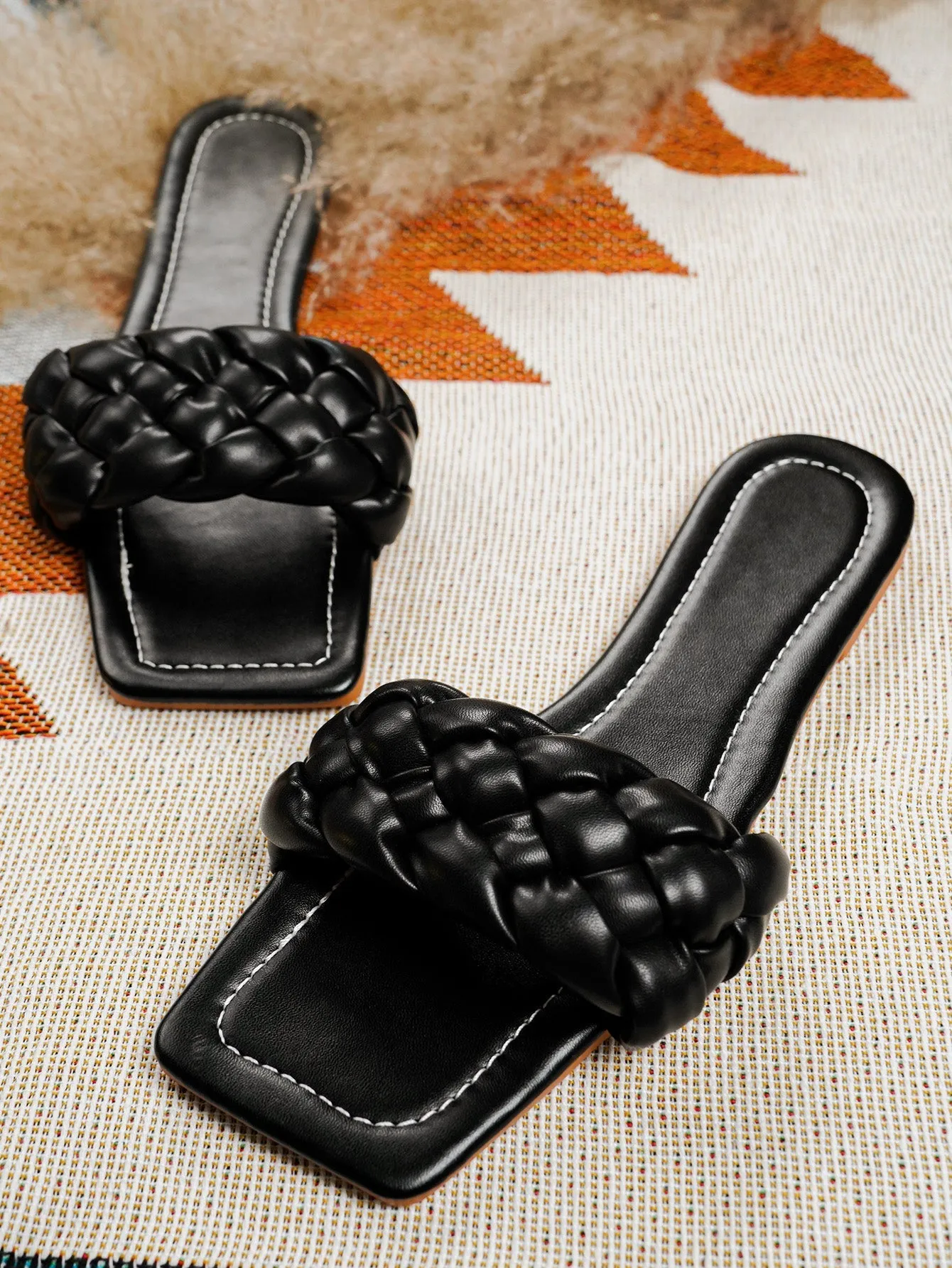 Black Matte Weave Flat Sole Slide