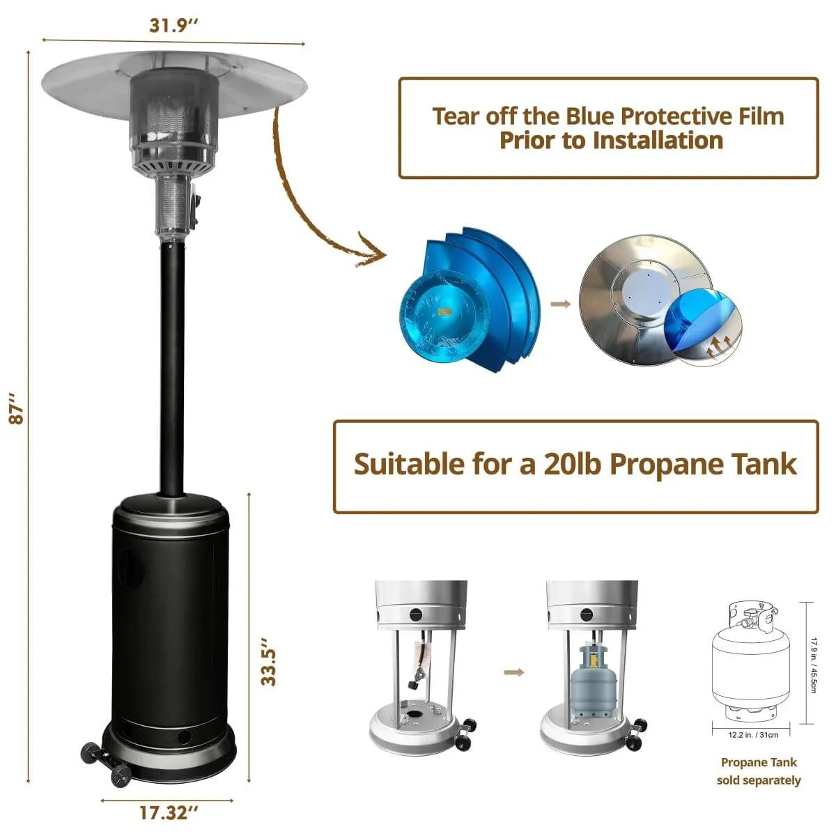 Black Outdoor Propane Patio Heater with Adjustable Thermostat I SPAFAIR