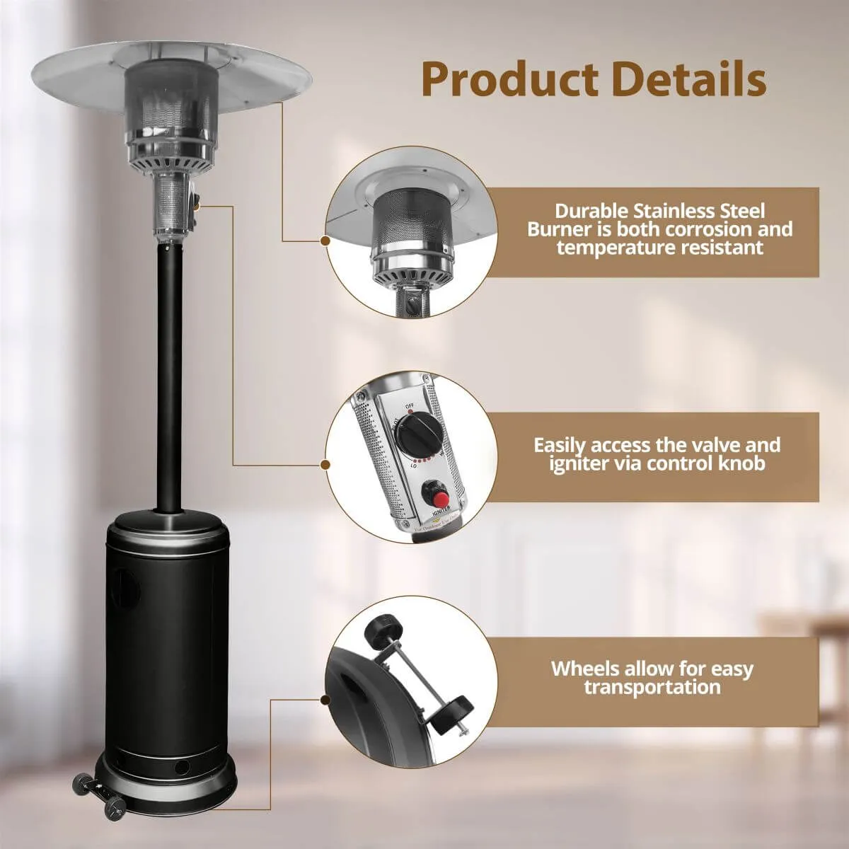 Black Outdoor Propane Patio Heater with Adjustable Thermostat I SPAFAIR