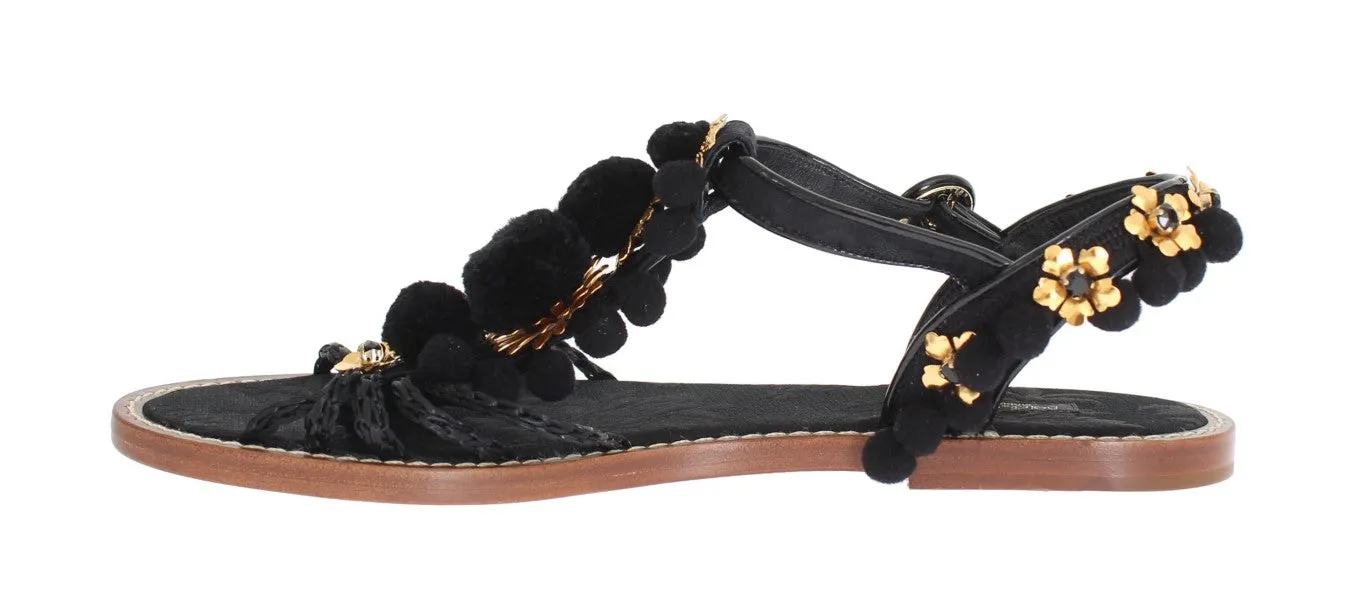 Black Raffia Crystal Torero Sandals