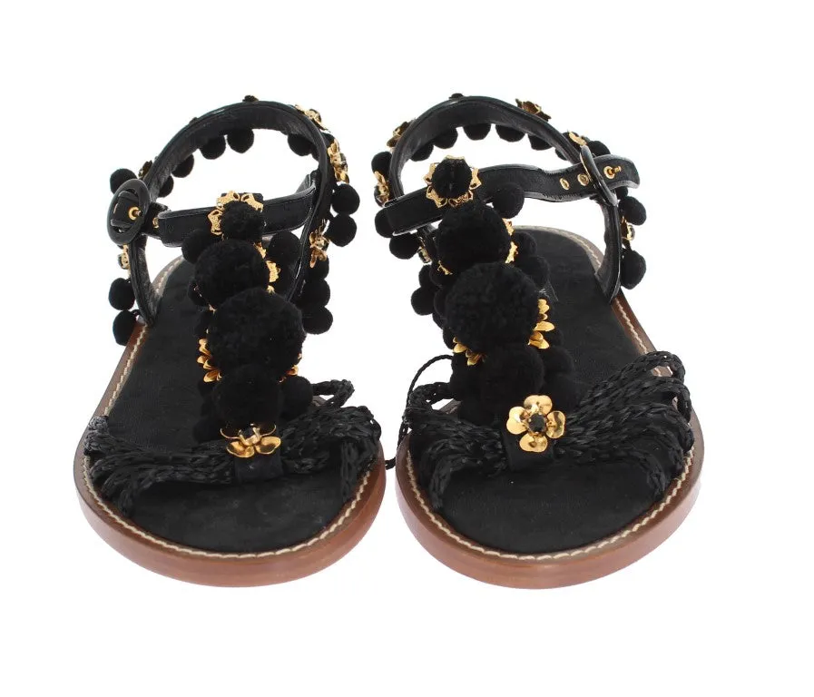 Black Raffia Crystal Torero Sandals