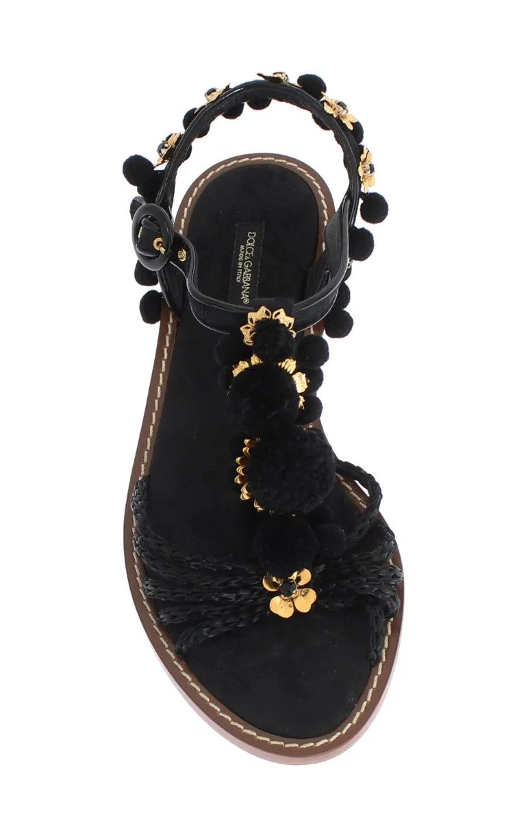 Black Raffia Crystal Torero Sandals