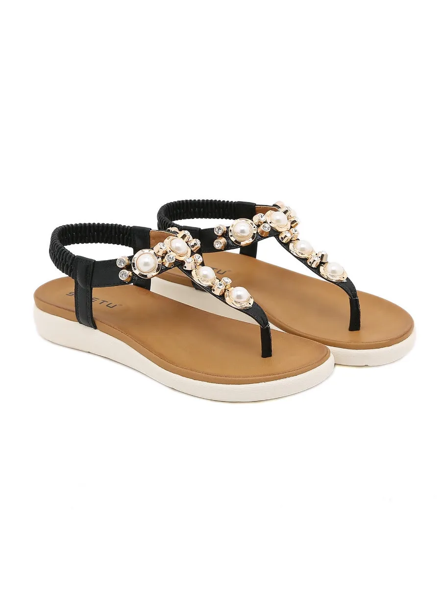 Black V-Strap Pearl Sandal