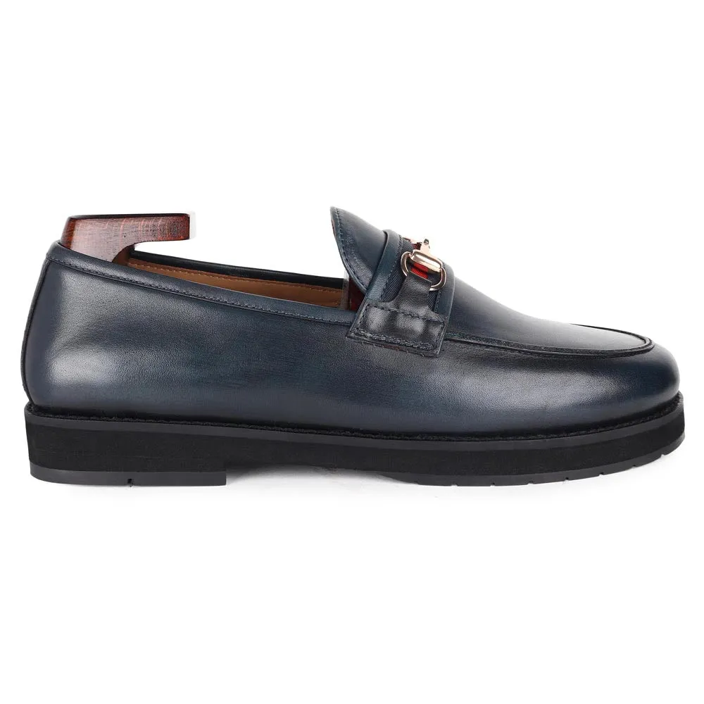 Blue Mirror Glossed Patina Modern Buckle Moccasins