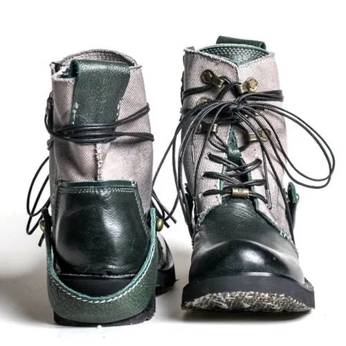 Breathable high boots handmade vintage canvas top layer cowhide boots