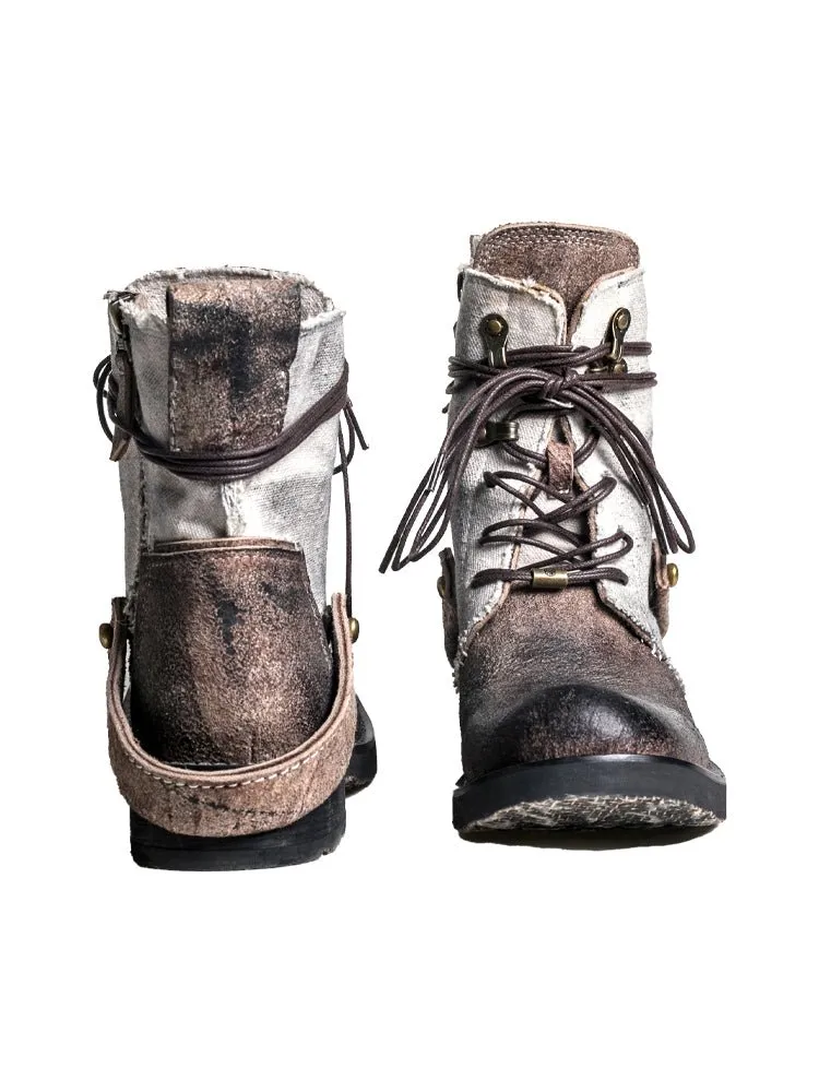 Breathable high boots handmade vintage canvas top layer cowhide boots