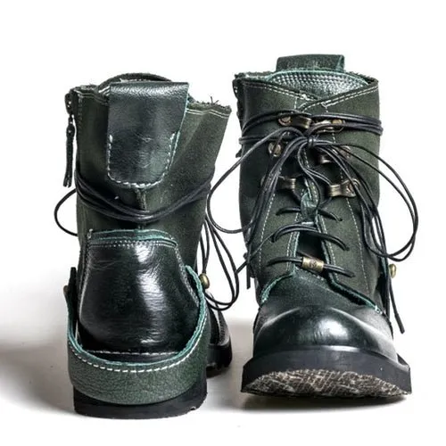 Breathable high boots handmade vintage canvas top layer cowhide boots