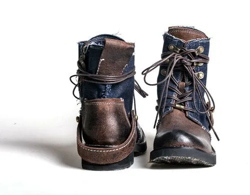 Breathable high boots handmade vintage canvas top layer cowhide boots