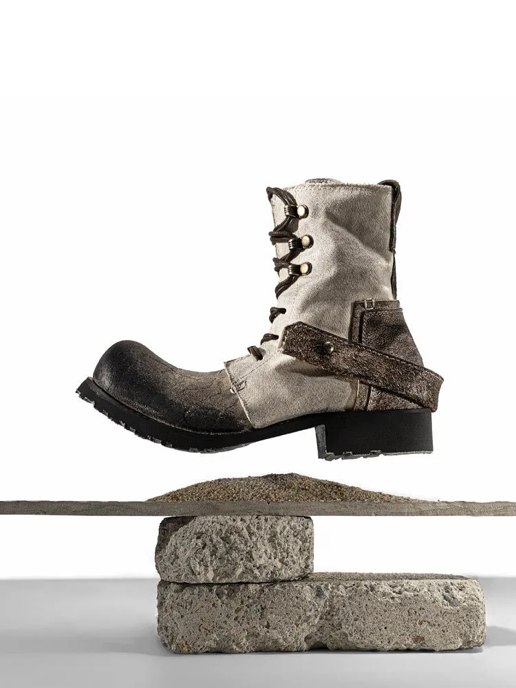 Breathable high boots handmade vintage canvas top layer cowhide boots