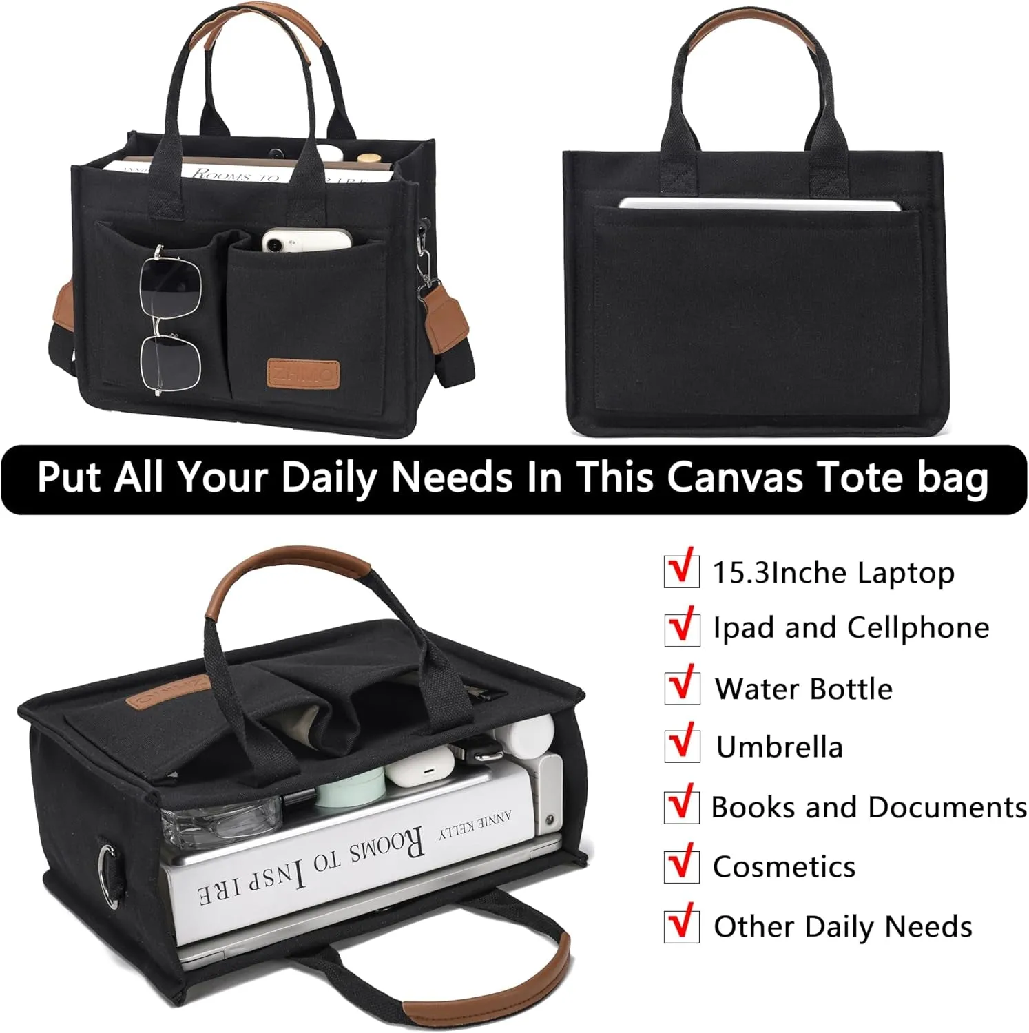 Canvas Tote Laptop Bag for Women Crossbody Bag for Travel & Work