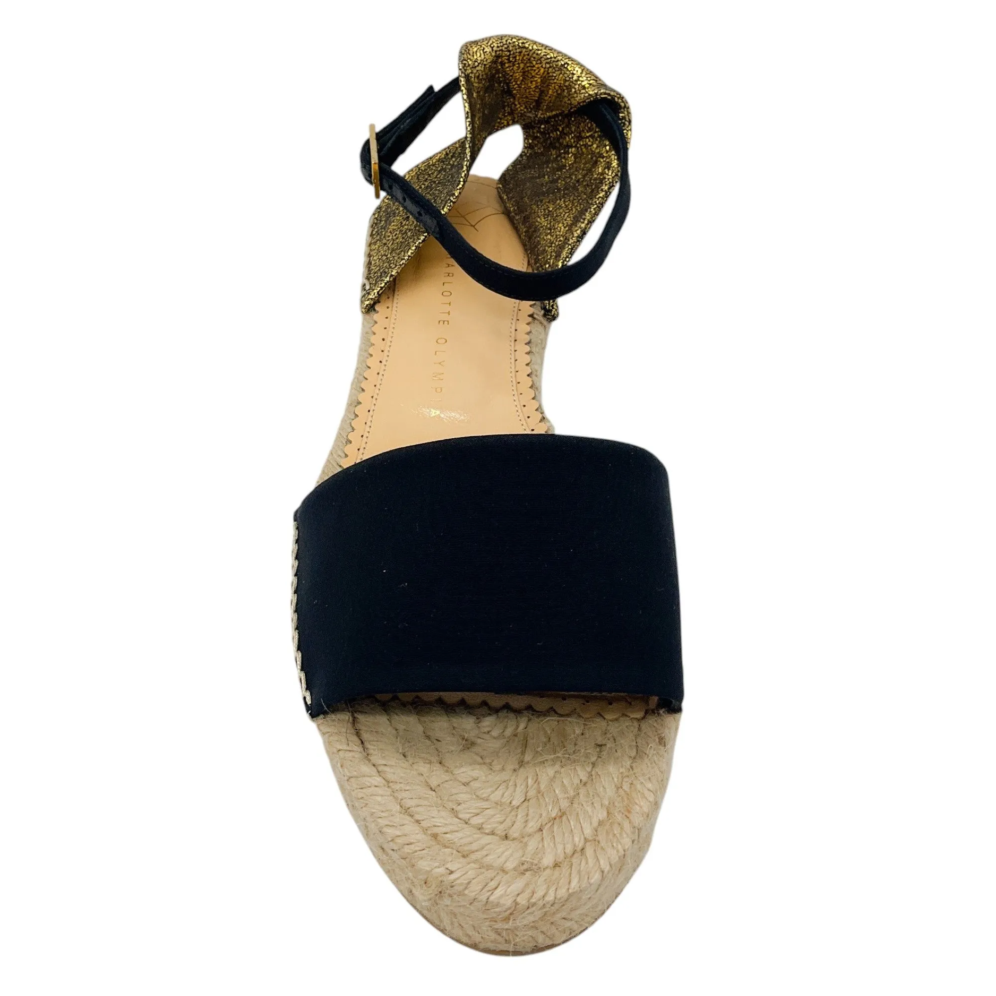 Charlotte Olympia Black / Gold Metallic Espadrille Ankle Strap Sandals