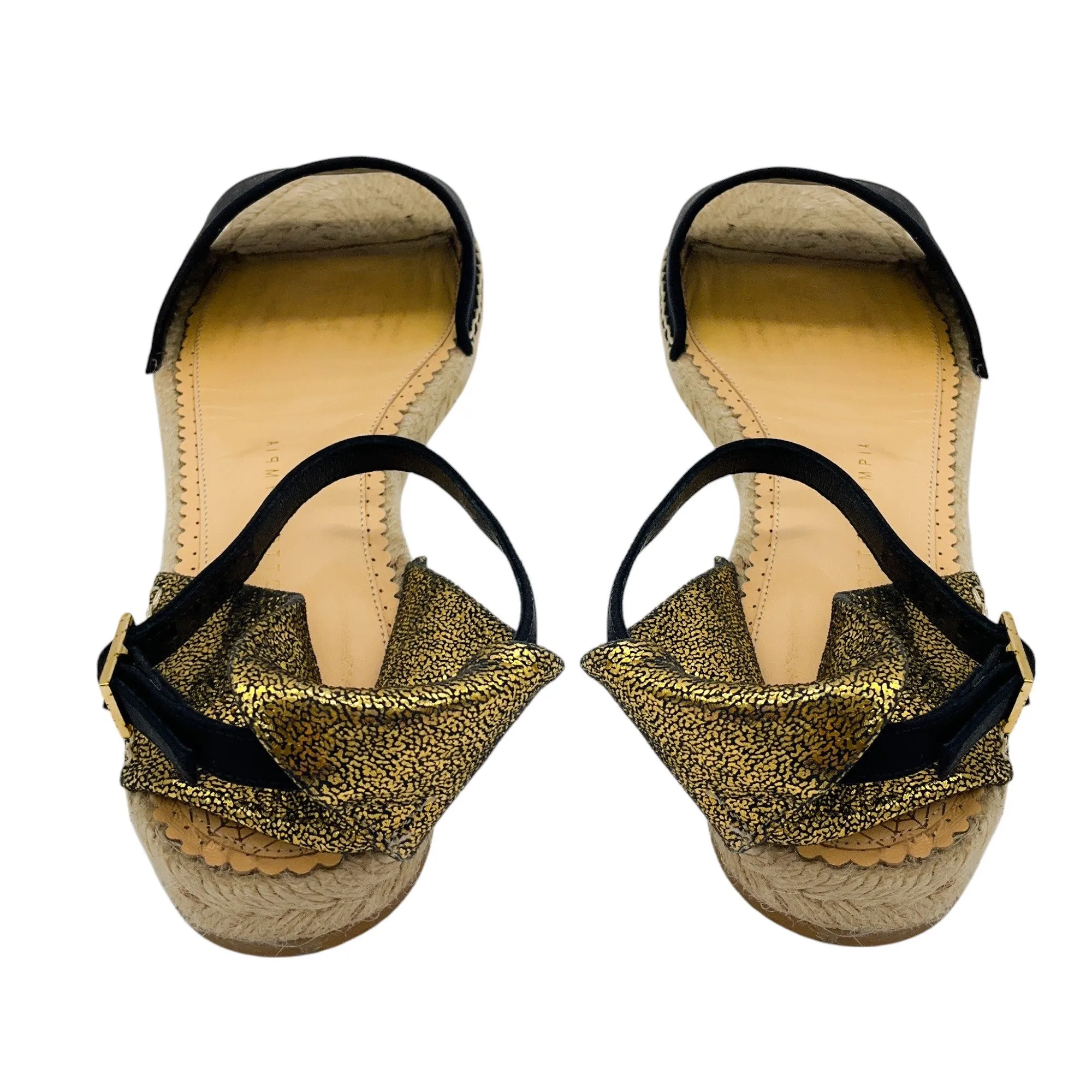 Charlotte Olympia Black / Gold Metallic Espadrille Ankle Strap Sandals
