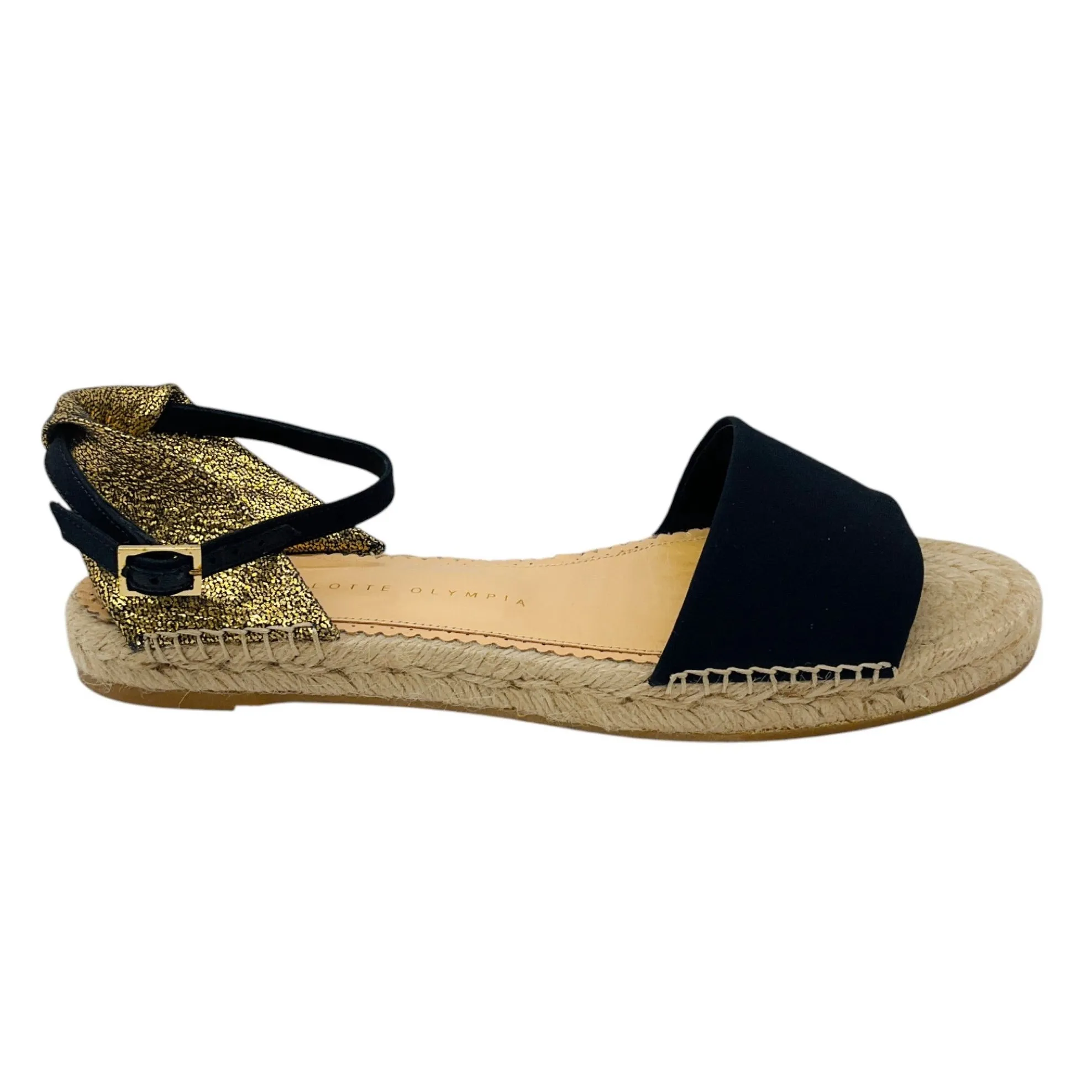 Charlotte Olympia Black / Gold Metallic Espadrille Ankle Strap Sandals