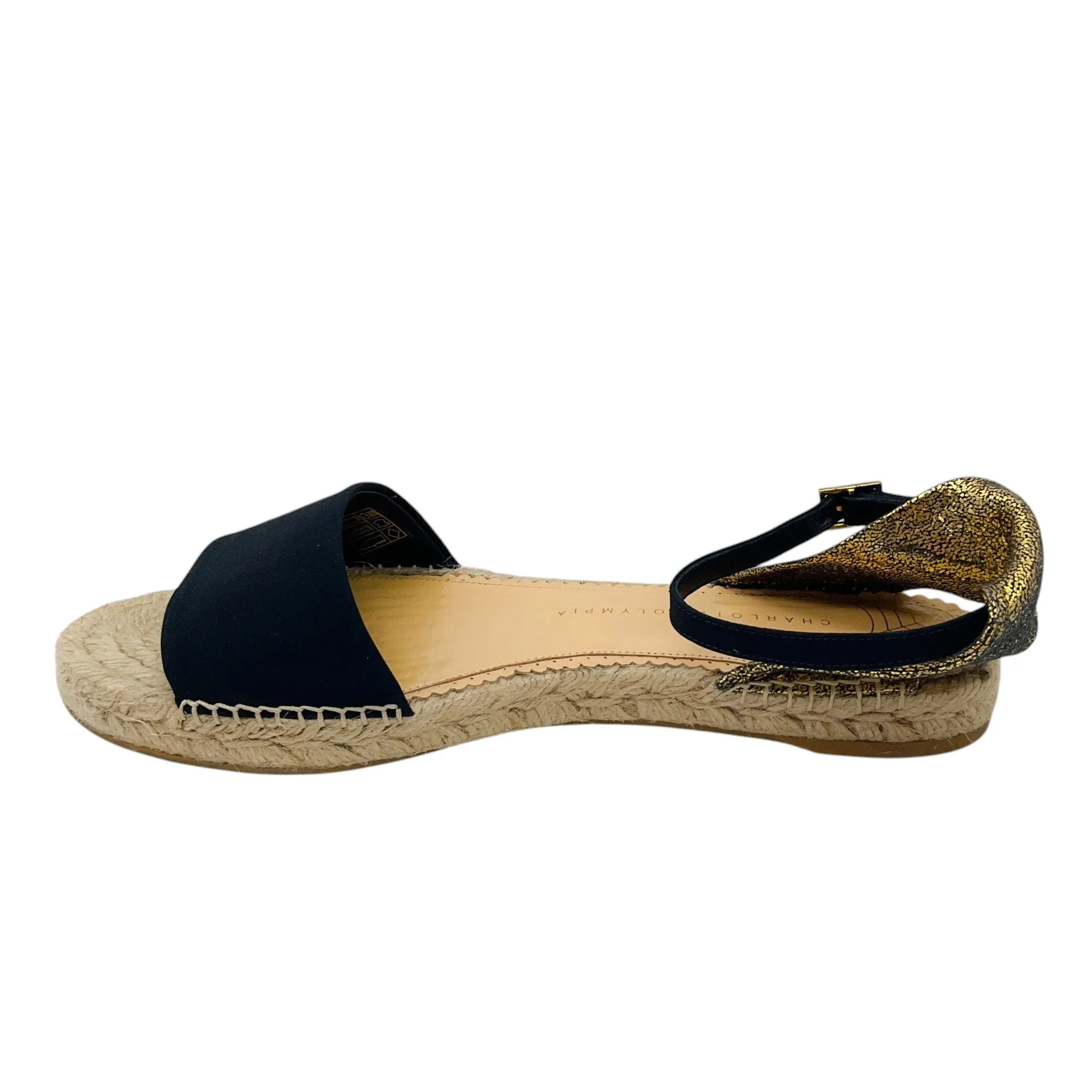 Charlotte Olympia Black / Gold Metallic Espadrille Ankle Strap Sandals