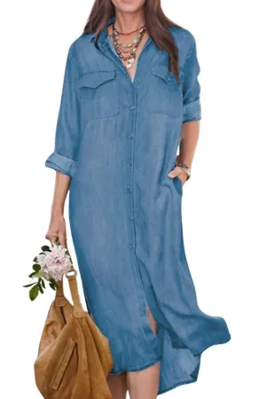 Chouyatou Women's Summer Casual Denim Shirt Dress Roll Up Long Sleeve Loose Maxi Shift Jean Dress