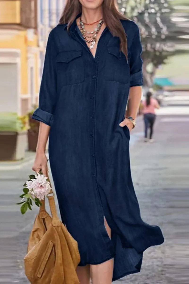 Chouyatou Women's Summer Casual Denim Shirt Dress Roll Up Long Sleeve Loose Maxi Shift Jean Dress