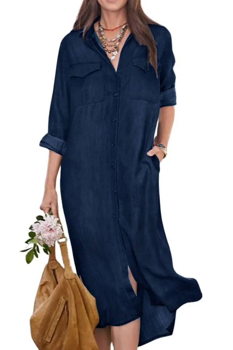 Chouyatou Women's Summer Casual Denim Shirt Dress Roll Up Long Sleeve Loose Maxi Shift Jean Dress