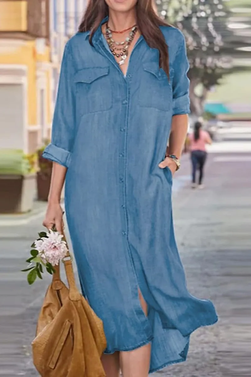 Chouyatou Women's Summer Casual Denim Shirt Dress Roll Up Long Sleeve Loose Maxi Shift Jean Dress