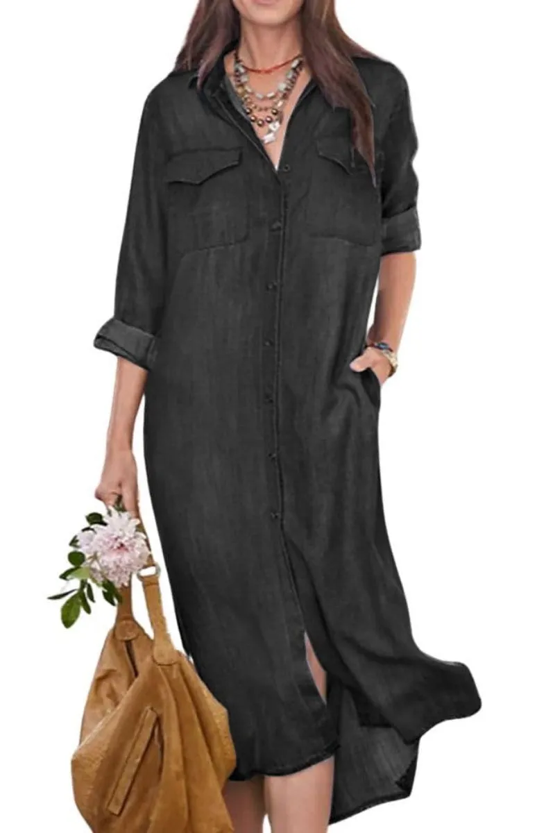 Chouyatou Women's Summer Casual Denim Shirt Dress Roll Up Long Sleeve Loose Maxi Shift Jean Dress