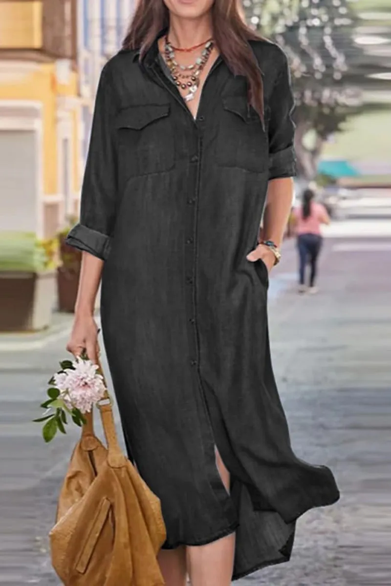 Chouyatou Women's Summer Casual Denim Shirt Dress Roll Up Long Sleeve Loose Maxi Shift Jean Dress