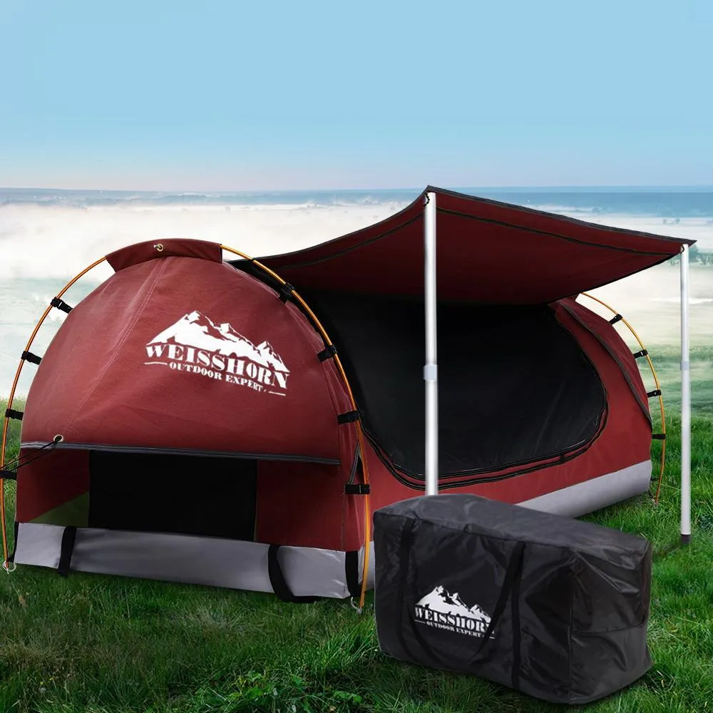 Double Swag Camping Swags Canvas Free Standing Dome Tent Red with 7CM Mattress