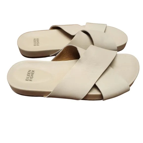 Eileen Fisher Bond Bone White Leather Slip-on Crossover Strap Sandals Size 8