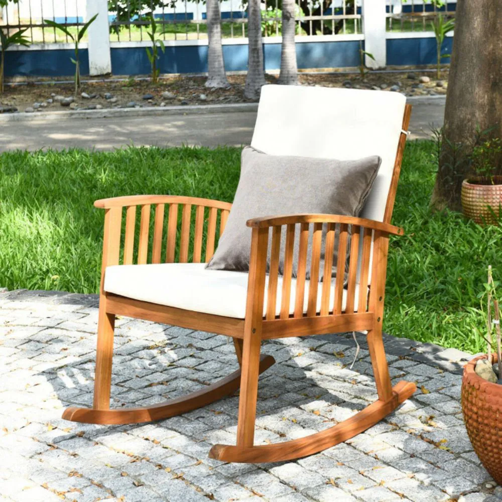 Grindstaff Patio Wooden Rocking Chair Lawn Garden Outdoor W/ Armrest Cushion Red Barrel Studio®