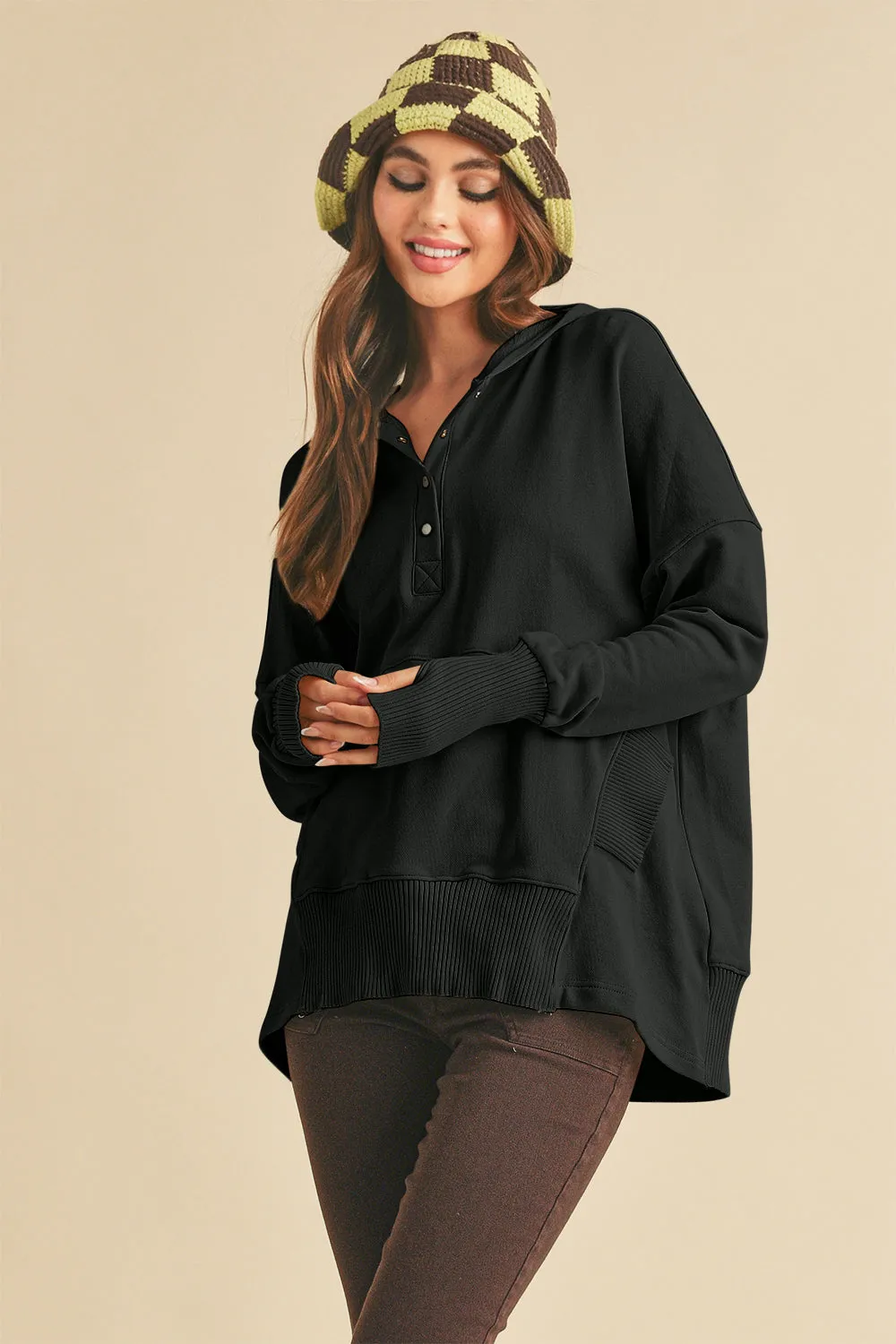Hazel Blues® |  Aemi Co Half Snap Dropped Shoulder Hoodie