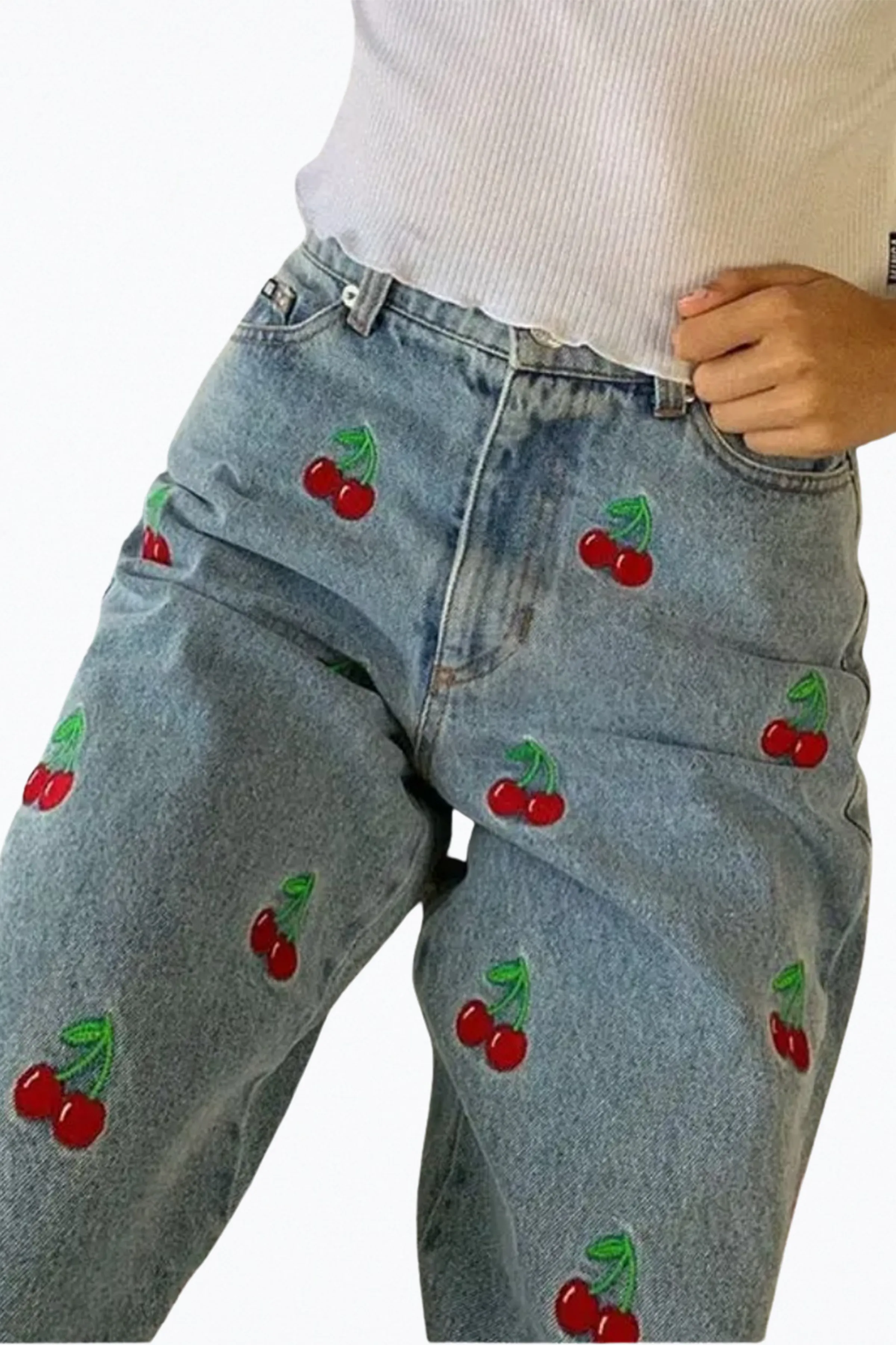 HIGH-RISE CHERRY-EMBROIDERED TAPERED JEANS