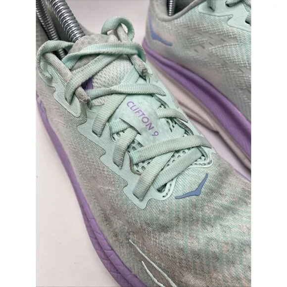Hoka One One Clifton 9 Women Size 7 D Wide White Aqua Athletic Running Shoe 3698