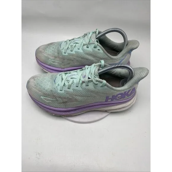 Hoka One One Clifton 9 Women Size 7 D Wide White Aqua Athletic Running Shoe 3698